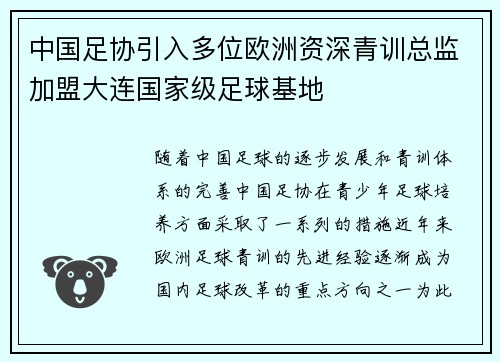 中国足协引入多位欧洲资深青训总监加盟大连国家级足球基地 中国足协引入多位欧洲资深青训总监加盟大连国家级足球基地